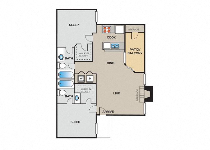 Floor plan for 2 beds, 2 baths, 925 sqft